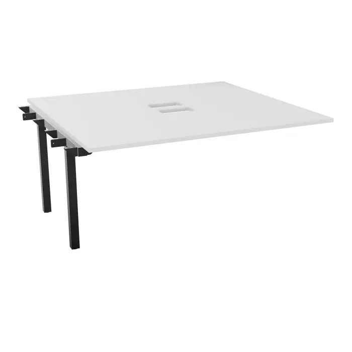 Table bench suivant Arial L. 160 x P. 142 x H. 73,5 cm monoplateau découpé pour trappes mélamine blanc neige piètement arche carrée fixe métal lisse noir