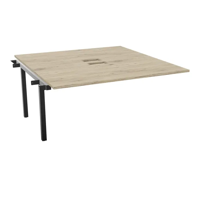 Table bench suivant Arial L. 160 x P. 165 x H. 73,5 cm monoplateau découpé pour trappes mélamine chêne Brunswick piètement arche carrée fixe métal lisse noir