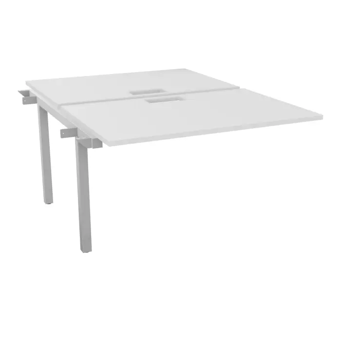 Table bench suivant Arial 2 plateaux L. 120 x P. 80 x H. 73,5 cm découpés pour trappe mélamine blanc neige piètement arche carrée fixe métal lisse gris aluminium