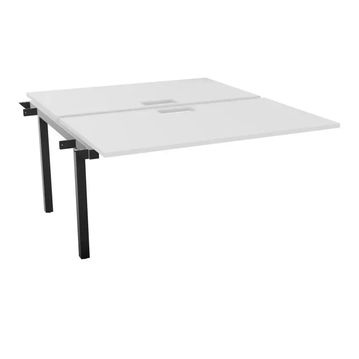 Table bench suivant Arial 2 plateaux L. 140 x P. 80 x H. 73,5 cm découpés pour trappe mélamine blanc neige piètement arche carrée fixe métal lisse noir