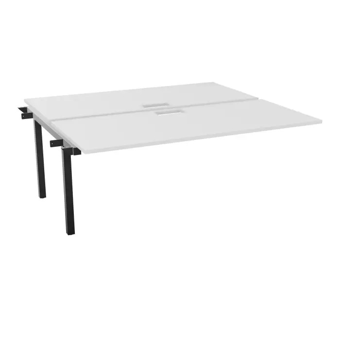 Table bench suivant Arial 2 plateaux L. 180 x P. 80 x H. 73,5 cm découpés pour trappe mélamine blanc neige piètement arche carrée fixe métal lisse noir