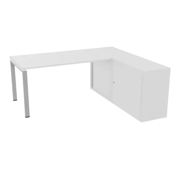 Table de bureau rectangulaire Conect L. 140 x P. 80 cm décor mélamine blanc neige sur pieds fixes arche finition métal lisse gris aluminium et retour hauteur bureau portes coulissantes mélamine blanc neige - ac