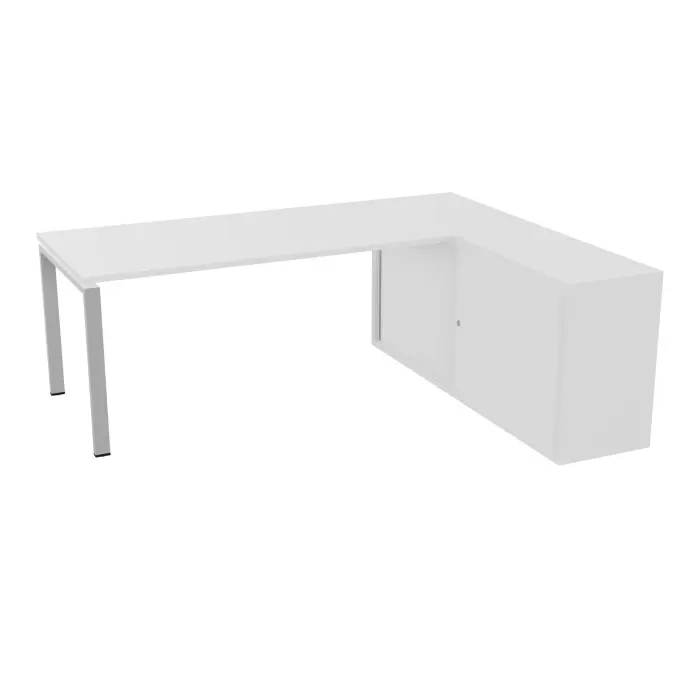 Table de bureau rectangulaire Conect L. 203 x P. 165 cm décor mélamine blanc neige sur pieds fixes arche finition métal lisse gris aluminium et retour hauteur bureau portes coulissantes mélamine blanc neige - a