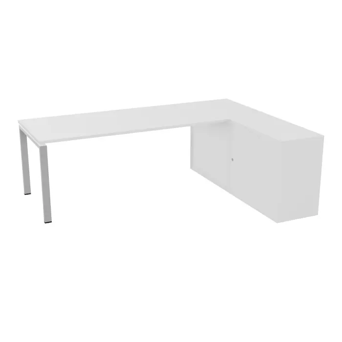 Table de bureau rectangulaire Conect L. 223 x P. 165 cm décor mélamine blanc neige sur pied arche fixe finition métal lisse gris aluminium et retour hauteur bureau portes coulissantes coloris mélamine blanc nei