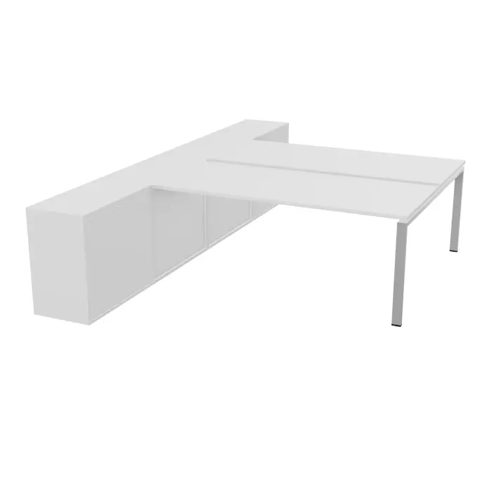 Bureau bench Conect avec rangement L. 223 x P. 330 cm - 2 plateaux rectangulaires ép. 25 mm mélamine blanc neige - piétement arche rectangulaire fixe métal lisse gris aluminium - rangement hauteur bureau portes