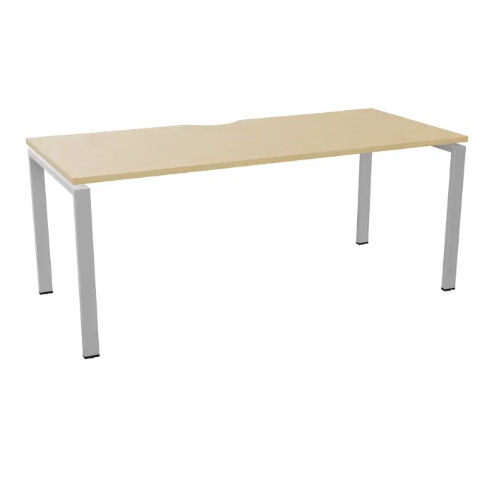 Table de bureau rectangulaire Conect avec échancrure L. 180 x P. 80 cm décor mélamine Chêne naturel sur pieds arche fixes finition métal lisse gris aluminium