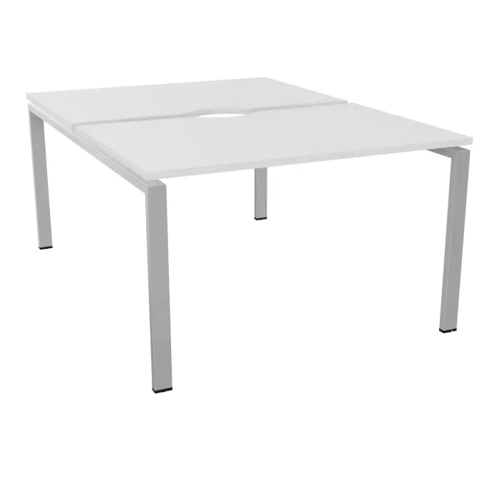 Bureau bench Conect L. 120 x P. 165 cm - 2 plateaux avec échancrure ép. 25 mm mélamine blanc neige - piétement arche rectangulaire fixe métal lisse gris aluminium