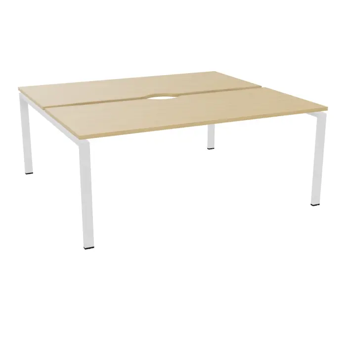 Bureau bench Conect L. 180 x P. 165 cm - 2 plateaux avec échancrure ép. 25 mm mélamine Chêne naturel - piétement arche rectangulaire fixe métal lisse blanc