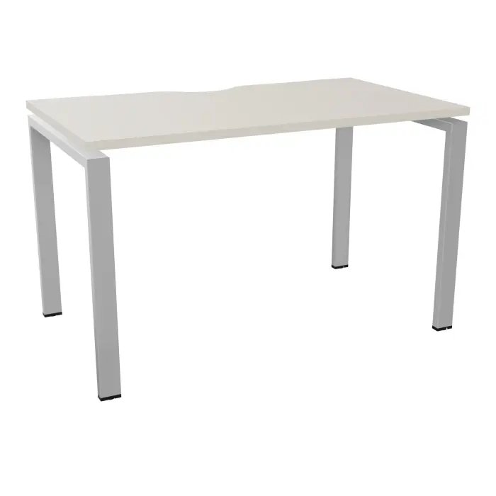 Table de bureau rectangulaire Conect avec échancrure L. 120 x P. 70 cm mélamine lin sur pieds arche fixes finition métal lisse gris aluminium