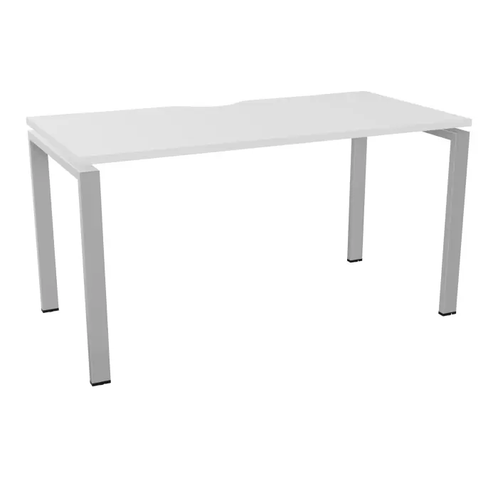 Table de bureau rectangulaire Conect avec échancrure L. 140 x P. 70 cm décor mélamine blanc neige sur pieds arche fixes finition métal lisse gris aluminium