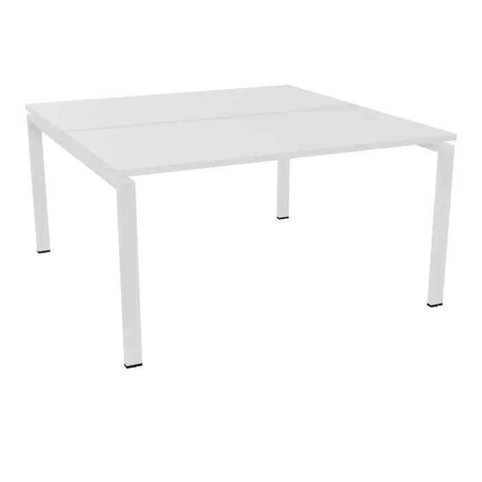 Bureau bench Conect L. 140 x P. 142 cm - 2 plateaux ép. 25 mm mélamine blanc neige - piétement arche rectangulaire fixe métal lisse blanc