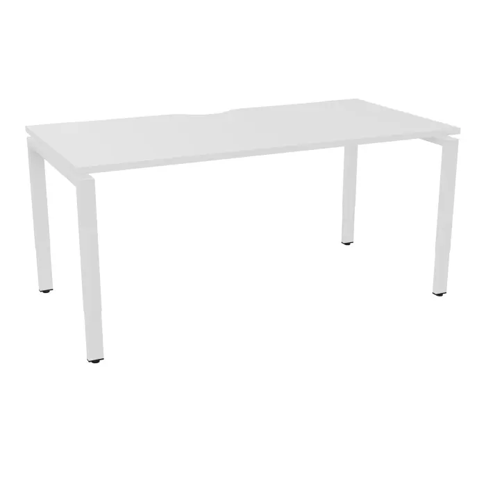 Table de bureau rectangulaire Conect avec échancrure L. 160 x P. 80 cm décor mélamine blanc neige sur pieds arche réglables en hauteur finition métal lisse blanc