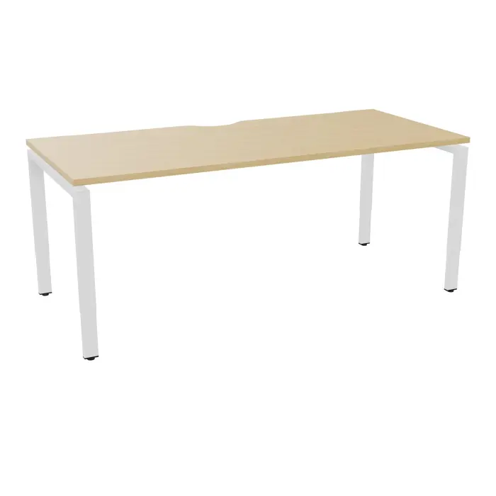 Table de bureau rectangulaire Conect avec échancrure L. 180 x P. 80 cm mélamine Chêne naturel sur pieds arche réglables en hauteur finition métal lisse blanc