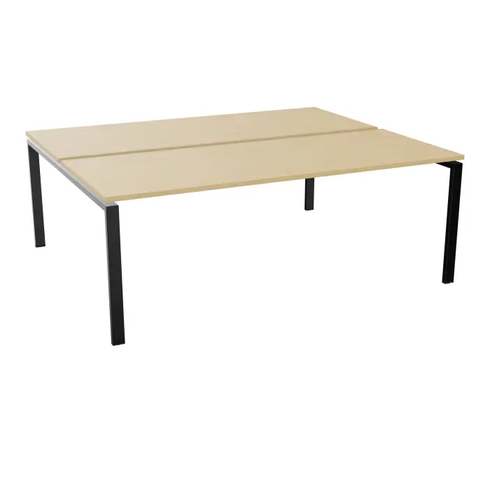 Bureau bench départ Conect L. 200 x P. 80 cm mélamine Chêne naturel percé obturateur piètement extrémité arche rectangulaire fixe métal lisse noir