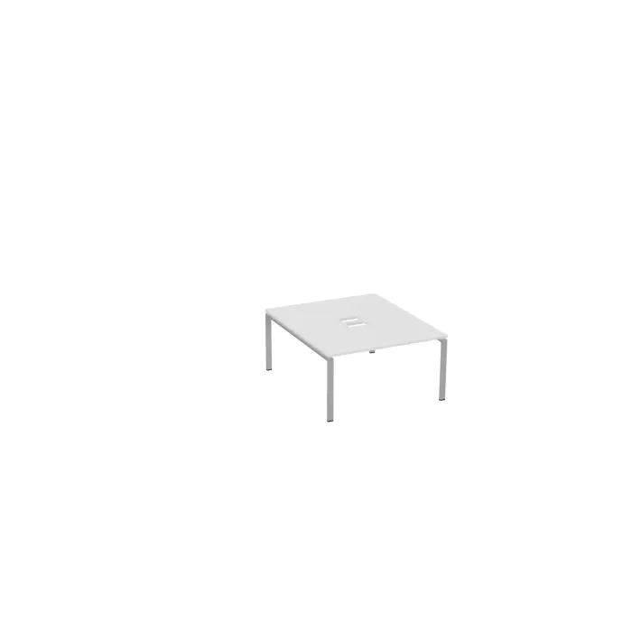 Bureau bench Conect L. 140 x P. 165 cm - monoplateau ép. 25 mm avec découpe pour trappes mélamine blanc neige - piétement arche rectangulaire fixe métal lisse gris aluminium