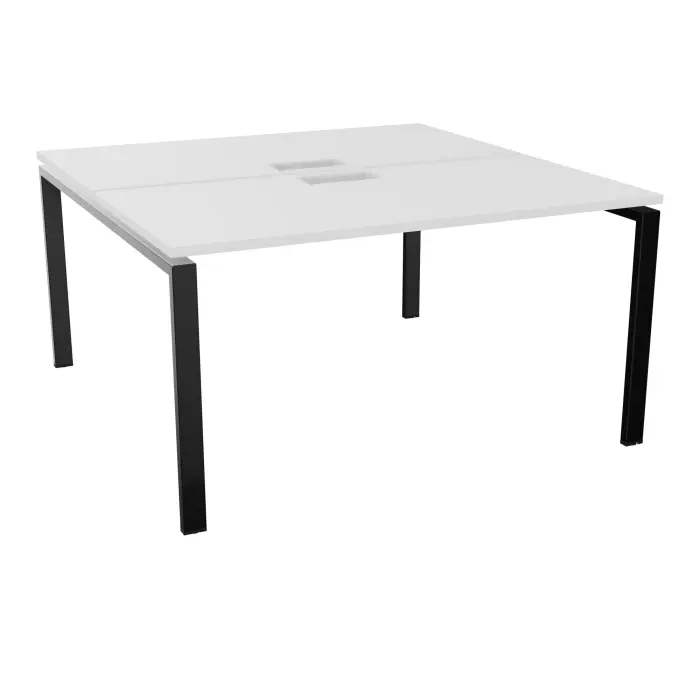 Bureau bench Conect L. 140 x P. 142 cm - 2 plateaux ép. 25 mm avec découpe pour trappes mélamine blanc neige - piétement arche rectangulaire fixe métal lisse noir