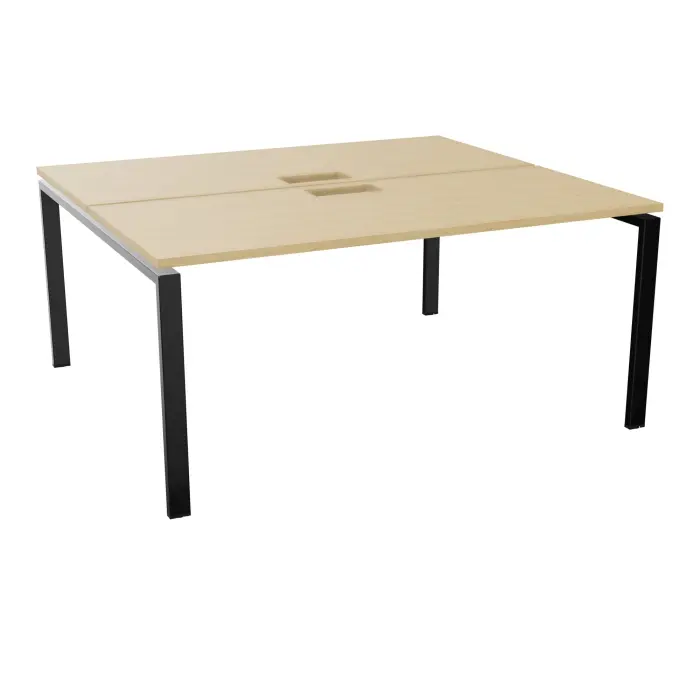 Bureau bench Conect L. 160 x P. 142 cm - 2 plateaux ép. 25 mm avec découpe pour trappes mélamine Chêne naturel - piétement arche rectangulaire fixe métal lisse noir