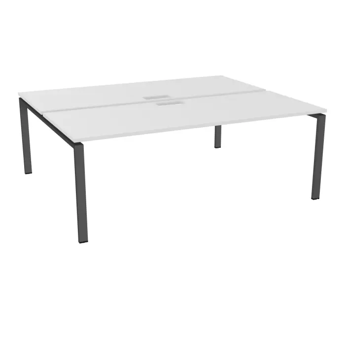 Bureau bench départ Conect L. 200 x P. 165 cm mélamine blanc neige percé trappe piètement extrémité arche rectangulaire fixe métal structuré gris anthracite + goulotte