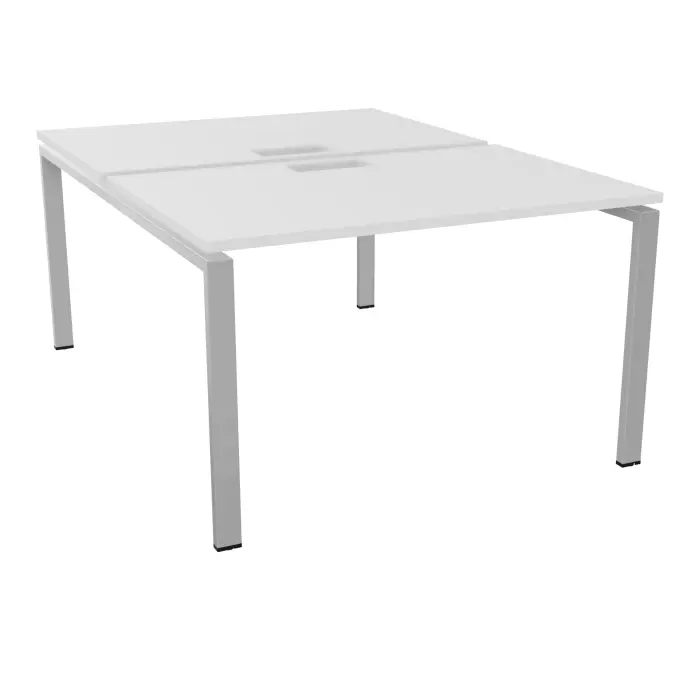 Bureau bench Conect L. 120 x P. 165 cm - 2 plateaux ép. 25 mm avec découpe pour trappes mélamine blanc neige - piétement arche rectangulaire fixe métal lisse gris aluminium