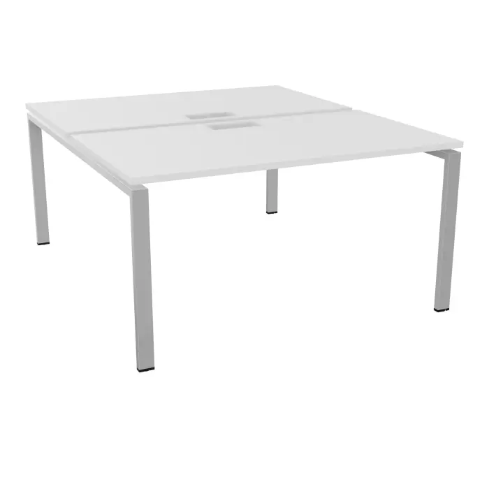 Bureau bench Conect L. 140 x P. 165 cm - 2 plateaux ép. 25 mm avec découpe pour trappes mélamine blanc neige - piétement arche rectangulaire fixe métal lisse gris aluminium