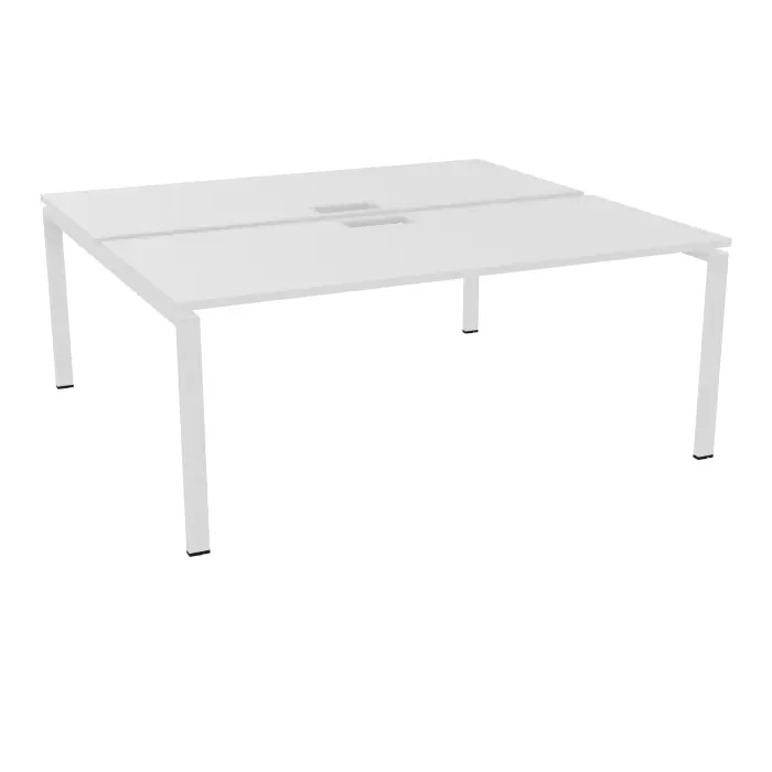 Bureau bench Conect L. 180 x P. 165 cm - 2 plateaux ép. 25 mm avec découpe pour trappes mélamine blanc neige - piétement arche rectangulaire fixe métal lisse blanc