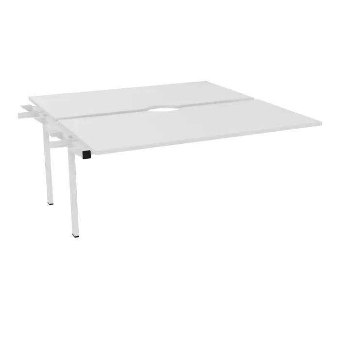 Bureau bench Conect L. 160 x P. 165 cm élément suivant - 2 plateaux avec échancrure ép. 25 mm mélamine blanc neige - piétement intermédiaire fixe métal lisse blanc