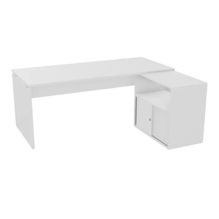 Bureau Forstyl avec meuble retour porteur à droite plateau L. 180 cm x P. 80 cm mélamine blanc neige piètements panneau mélamine blanc neige