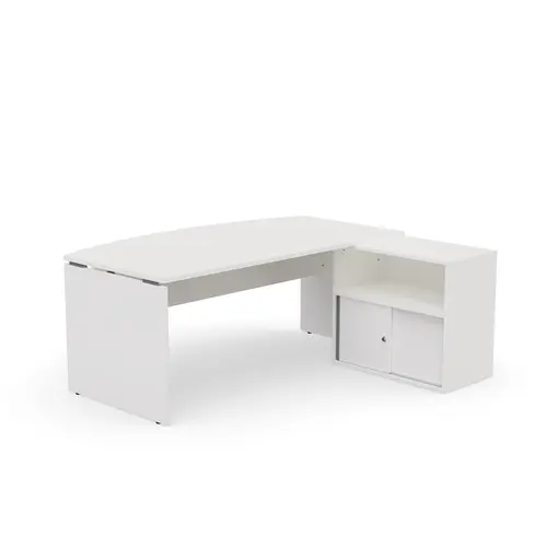 Bureau Forstyl avec meuble retour porteur à droite plateau arqué L. 180 cm x P. 97 cm mélamine blanc neige piètements panneau mélamine blanc neige