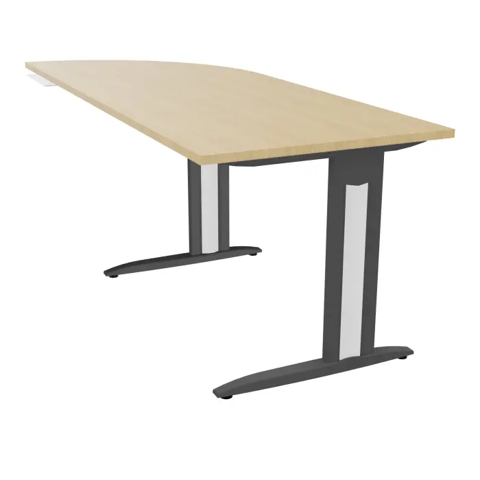 Bureau Idol P. 80 cm x L. 205 cm avec angle 90° intégré à gauche côté utilisateur Plateau mélamine Chêne naturel - piétement fixe métal structuré gris anthracite avec enjoliveur métal lisse blanc
