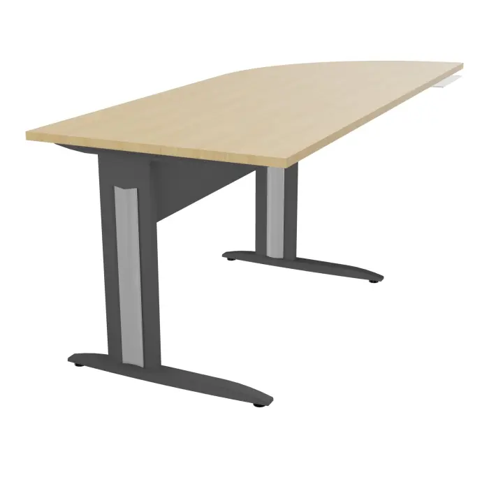 Bureau Idol P. 80 cm x L. 205 cm avec angle 90° intégré à droite côté utilisateur Plateau mélamine Chêne naturel - piétement fixe et voile de fond métal structuré gris anthracite avec enjoliveur métal lisse gri