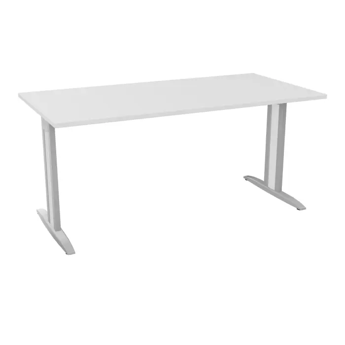 Table de bureau rectangulaire IdoL L. 160 x P. 80 cm décor blanc neige sur pieds I fixes centrés finition gris aluminium avec traverse - carter finition blanc