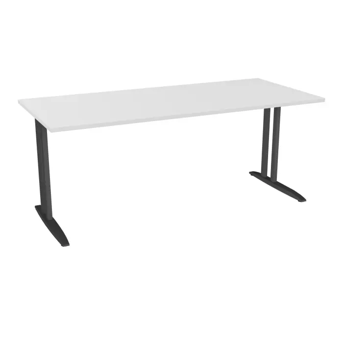 Table de bureau rectangulaire IdoL L. 180 x P. 80 cm décor blanc neige sur pieds L fixes décentrés finition gris anthraciteavec traverse - sans carter