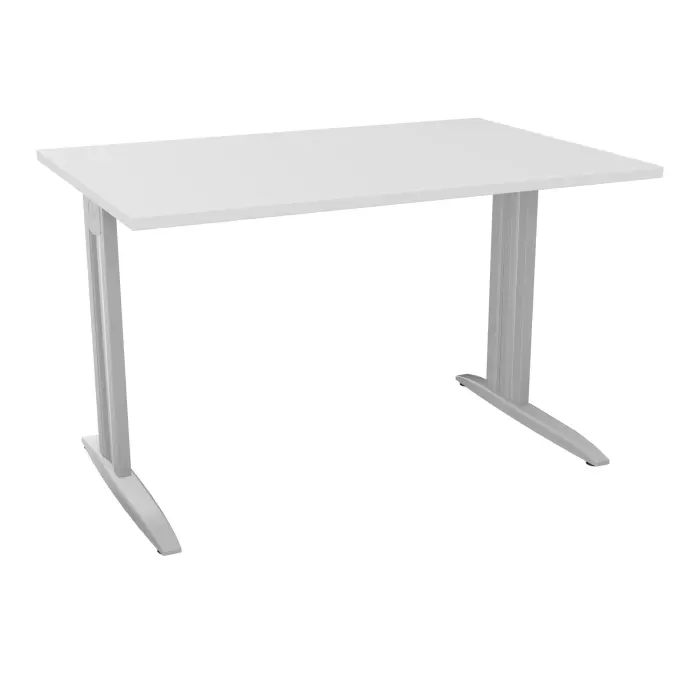 Table de bureau rectangulaire IdoL L. 120 x P. 80 cm décor blanc neige sur pieds L fixes décentrés finition gris aluminium avec traverse - carter finition gris aluminium