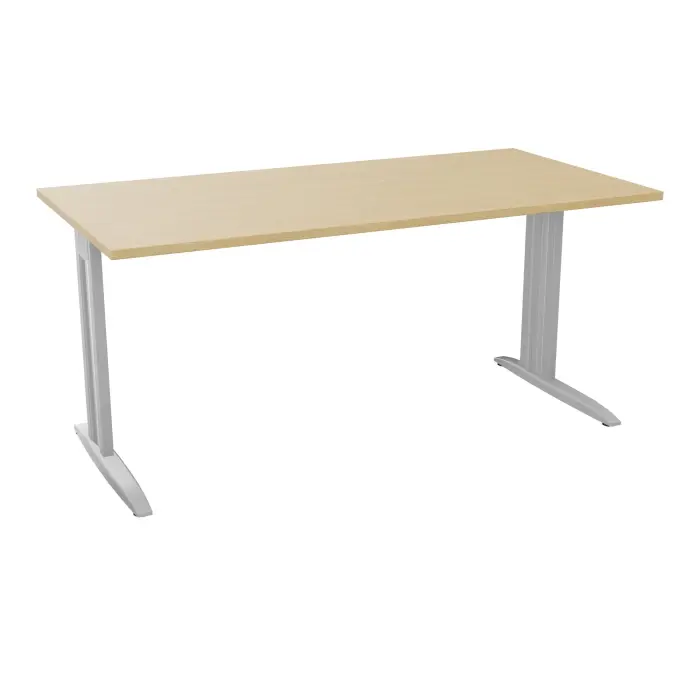 Table de bureau rectangulaire IdoL L. 160 x P. 80 cm décor mélamine Chêne naturel sur pieds L fixes décentrés finition métal lisse gris aluminium avec traverse - carter métal lisse gris aluminium