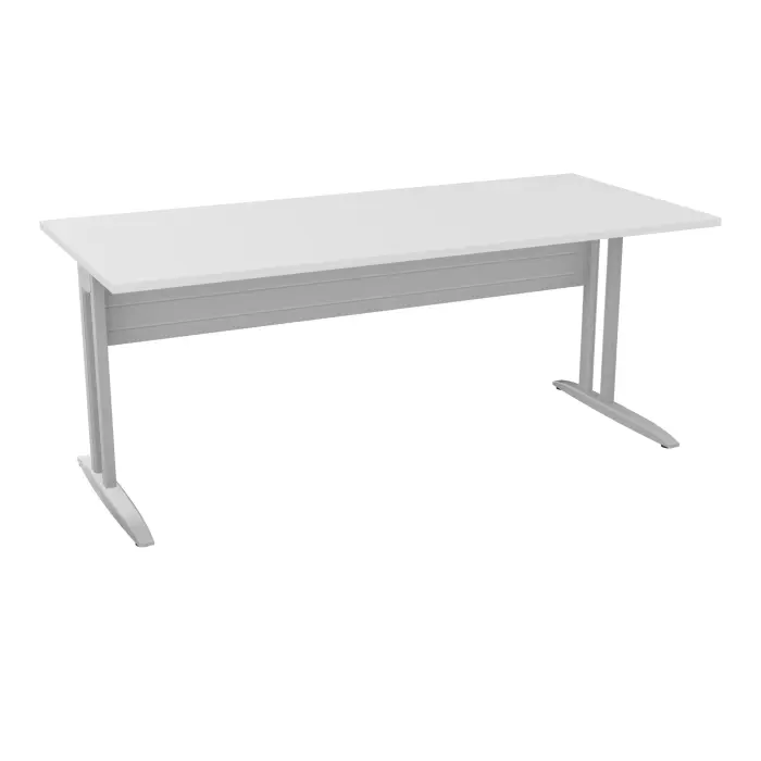 Table de bureau rectangulaire IdoL L. 180 x P. 80 cm décor blanc neige sur pieds L fixes décentrés et voile de fond métal finition gris aluminium sans carter