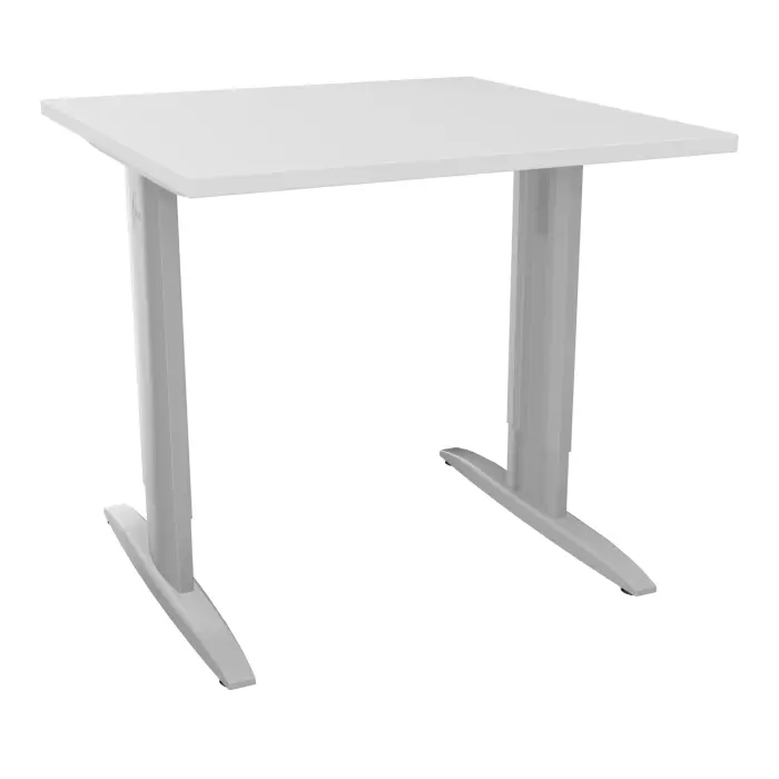 Table de bureau carré IdoL L. 80 x P. 80 cm décor mélamine blanc neige sur pieds I centrés réglables en hauteur avec carter et traverse finition métal lisse gris aluminium