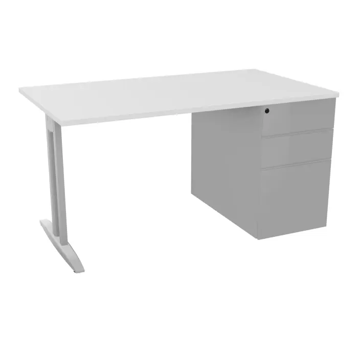 Table de bureau rectangulaire IdoL L. 140  x P. 80 cm décor blanc neige sur pied I fixe centré sans carter finition gris aluminium et caisson porteur à droite assorti