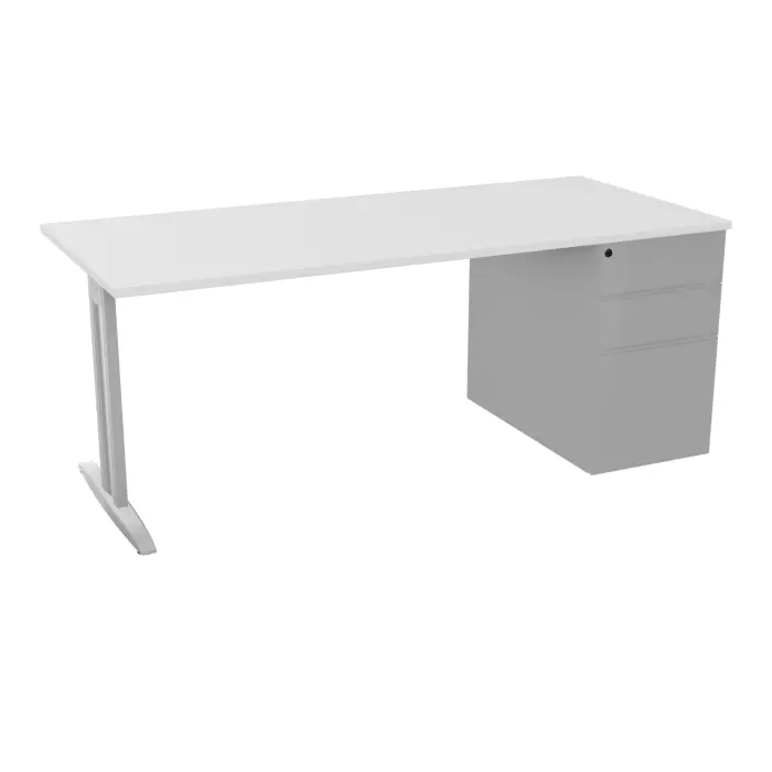 Table de bureau rectangulaire IdoL L. 180  x P. 80 cm décor blanc neige sur pied I fixe centré finition gris aluminium avec caisson porteur à droite assorti et carter gris aluminium