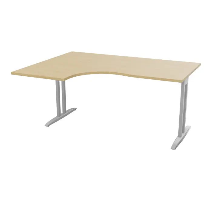 Bureau compact asymétrique 90° IdoL L. 160  x Rt. 60 cm - Retour à gauche décor  mélamine Chêne naturel sur pieds I fixes centrés finition métal lisse gris aluminium avec traverse - sans carter