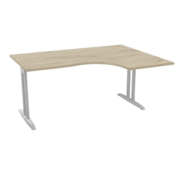 Bureau compact asymétrique 90° IdoL L. 160 x Rt. 60 cm - Retour à droite décor mélamine chêne Brunswick sur pieds I fixes centrés finition métal lisse gris aluminiumavec traverse - sans carter