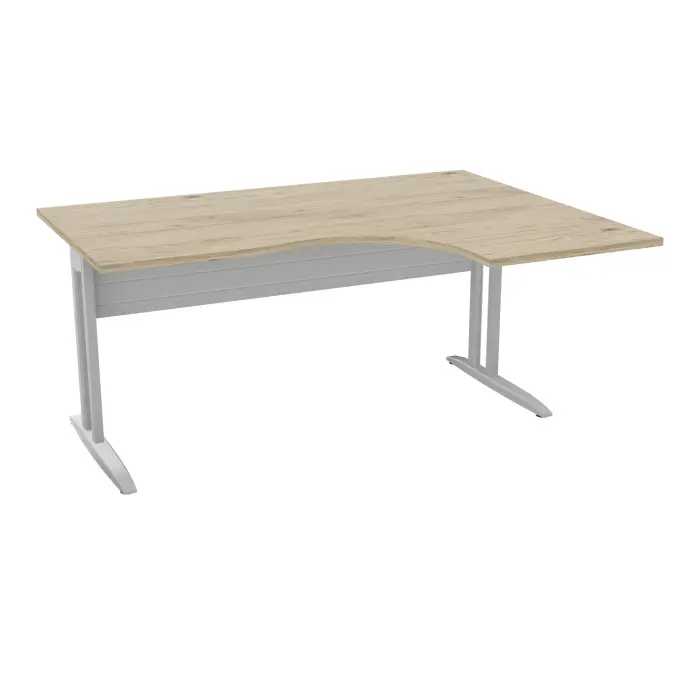 Bureau compact asymétrique 90° IdoL L. 160 x Rt. 60 cm - Retour à droite décor mélamine chêne Brunswick sur pieds fixes décentrés et voile de fond métallique finition métal lisse gris aluminium sans carter
