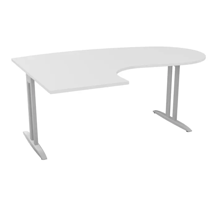 Bureau compact convivial 90° IdoL L. 180 x Rt 60 cm - retour à gauche décor blanc neige sur pieds I fixes centrés finition gris aluminiumavec traverse - sans carter