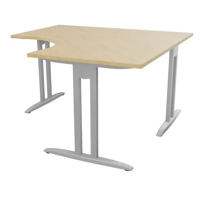 Bureau compact symétrique 90° IdoL L. 140 x L. 140 x Rt 80 cm - retour à droite décor mélamine Chêne naturel prépercé obturateur sur pieds I fixes centrés finition métal lisse gris aluminium avec traverse - san