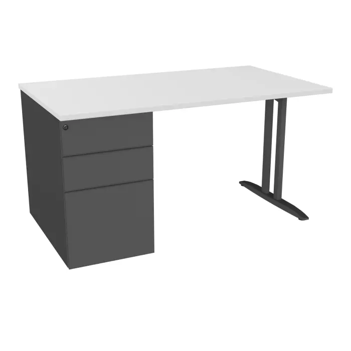 Table de bureau rectangulaire IdoL L. 140  x P. 80 cm décor blanc neige sur pied I fixe centré sans carter finition gris anthracite et caisson porteur à gauche assorti