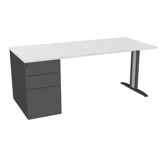 Table de bureau rectangulaire IdoL L. 180  x P. 80 cm décor blanc neige sur pied I fixe centré finition gris anthracite avec caisson porteur à gauche assorti et carter gris aluminium