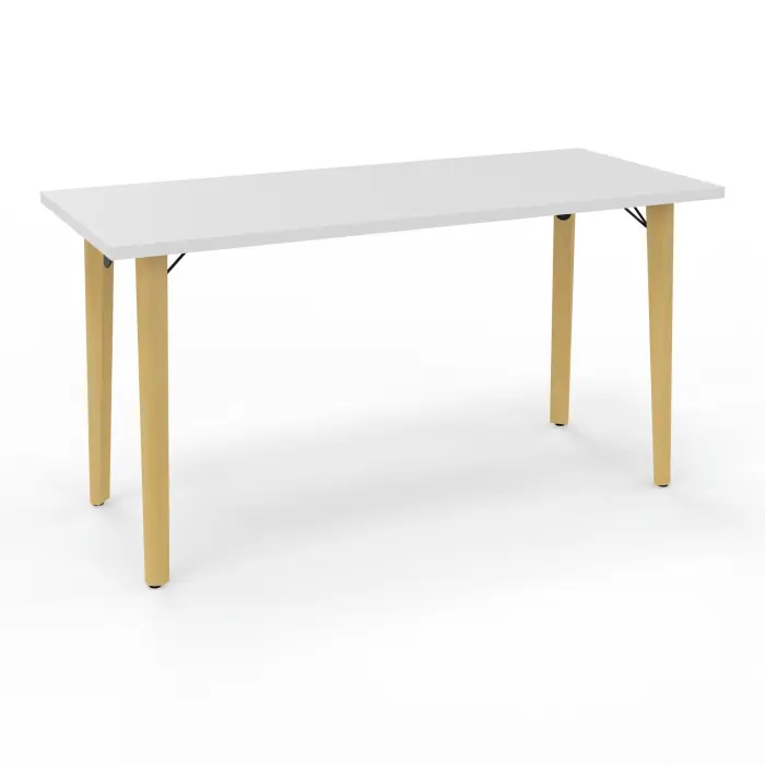 Robin table L. 140 cm x P. 60 cm mélamine blanc neige pré-percé pour obturateur pieds métal lisse noir/bois hêtre massif vernis