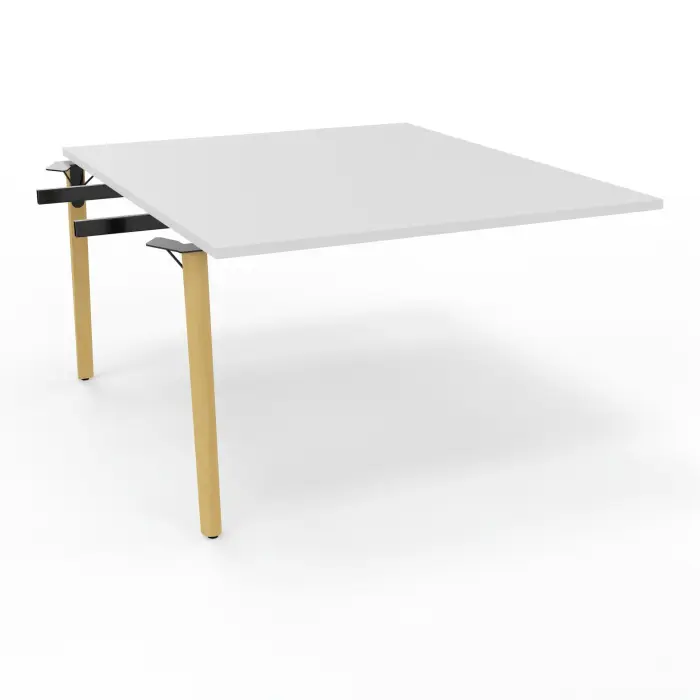 Robin table suivant monoplateau L. 120 cm x P. 142 cm mélamine blanc neige pré-percé 4 obturateurs 4 pieds métal lisse noir/bois hêtre massif vernis
