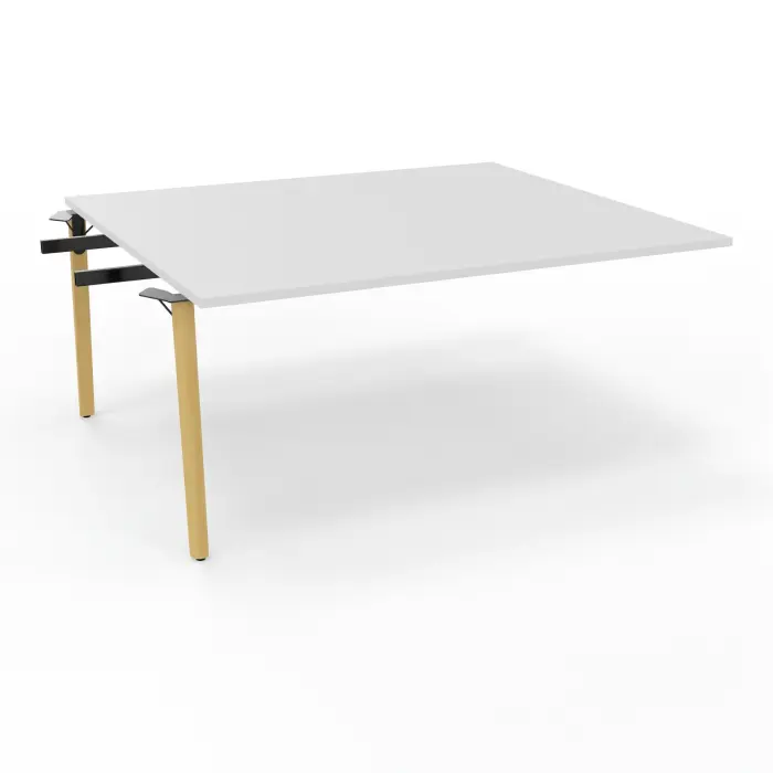 Robin table suivant monoplateau L. 160 cm x P. 142 cm mélamine blanc neige pré-percé 4 obturateurs 4 pieds métal lisse noir/bois hêtre massif vernis