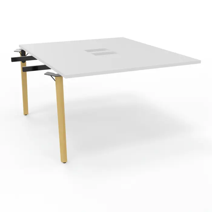 Robin table suivant monoplateau L. 120 cm x P. 142 cm mélamine blanc neige découpé 2 trappes simple accès 4 pieds métal lisse noir/bois hêtre massif vernis + goulotte double