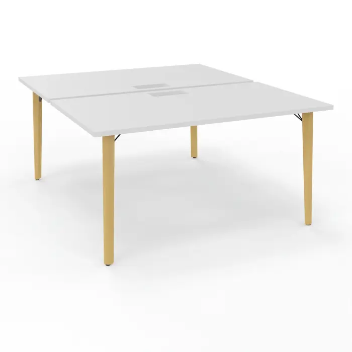 Robin tables départ doubles 2 plateaux L. 80 cm L. 140 cm x P. 165 mélamine blanc neige découpe trappe simple accès 4 pieds métal lisse noir/bois hêtre massif vernis